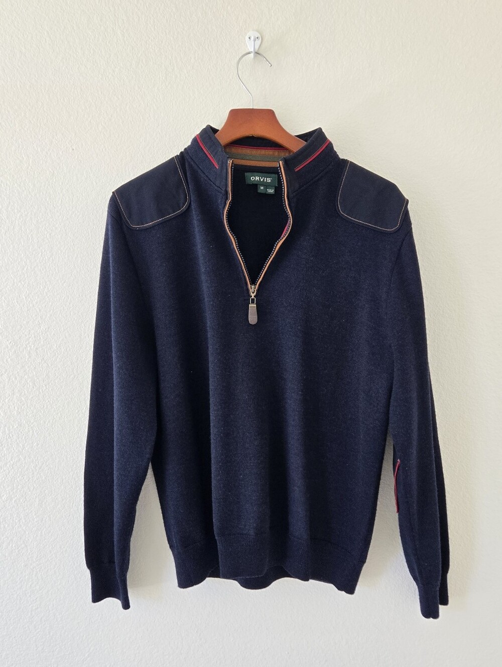 Orvis Mens Medium Navy Blue Wool 1/4‎ Zip Sweater Elbow Patch Shoulder Pullover - Picture 8 of 15